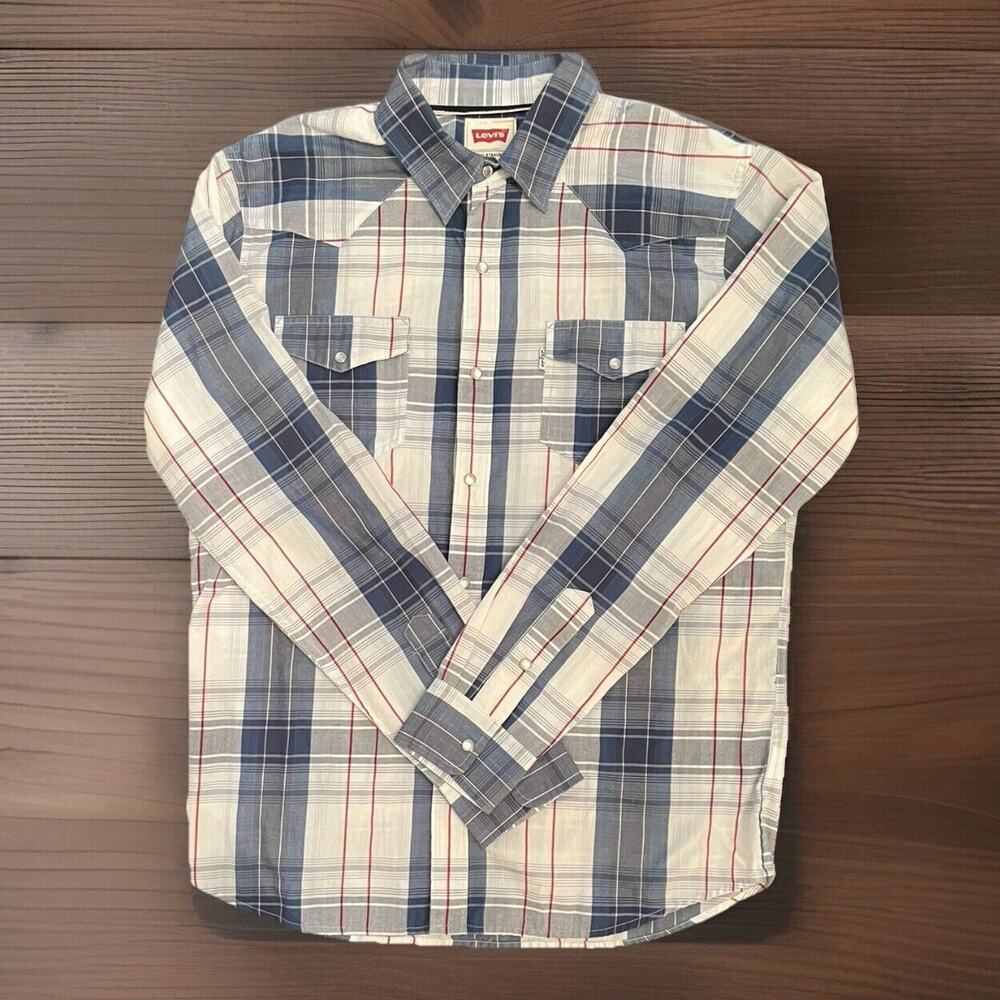 Levi’s Men’s Long Sleeve Blue Plaid Western Cowboy Shirt Pearl Snaps Sz Medium